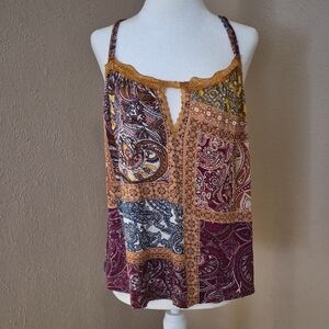 gimmicks by BKE Paisley Patchwork Spaghetti Strap Camisole in Maroon and Mustard